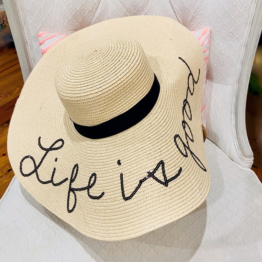 NWOT Resort Wear Sequined Life is Good Wide Brim Sun Beach Hat